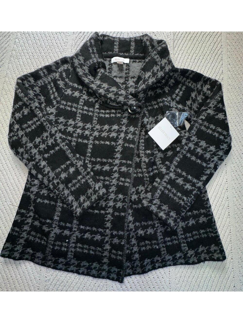 ELLEN TRACY-grey/black houndstooth wool blend cardigan Women’s Medium NEW